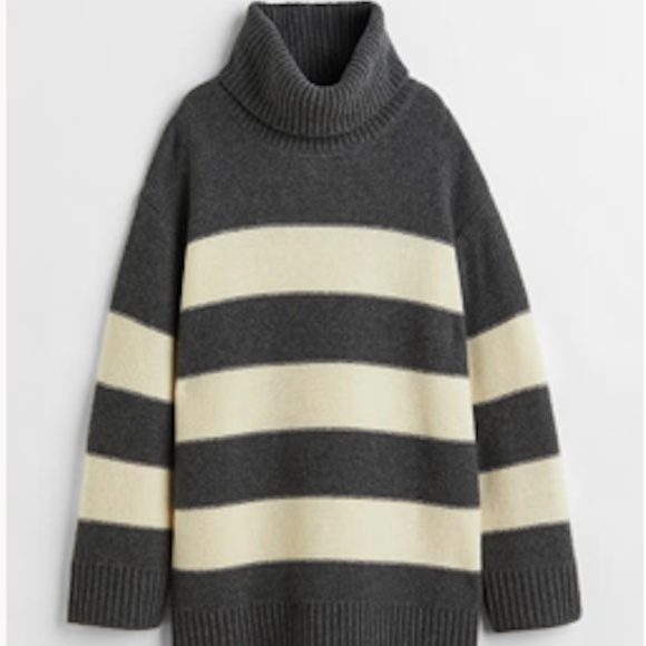 H&M Premium Label gray and cream stripe wool and cashmere turtleneck sweater NWT - Picture 1 of 14